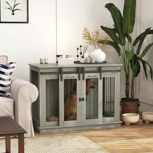 PawHut Dog Crate Furniture with Divider, Dog Crate End Table for Small to Large Dogs, Large Indoor Dog Kennel with Double Doors, 47