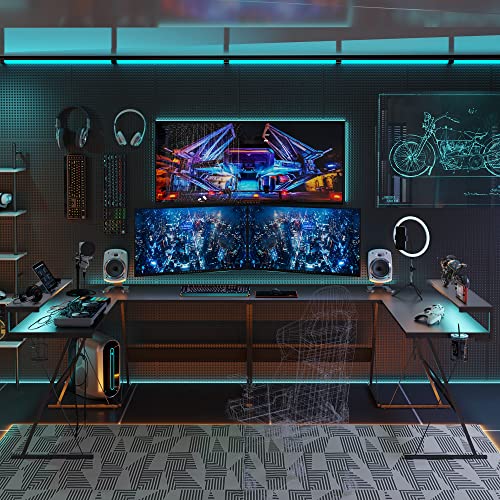 Bestier L Shaped Gaming Desk with LED 55 Inch, Large Monitor Shelf Cup Holder Headset Hook 3 Setup Ways Reversible 72 Inch Long Desk for 2 Persons, Carbon Fiber Black