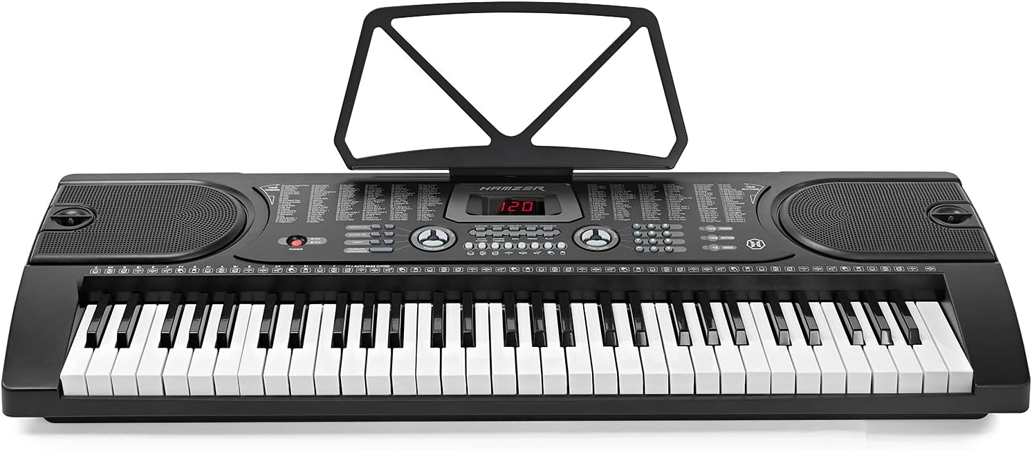 Hamzer 61-Key Electronic Piano Electric Organ Music Keyboard with Stand, Microphone, & Sticker Sheet - Black