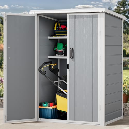 DWVO 60 Cuft Outdoor Tall Storage Shed with 2 Shelves, Weatherproof Vertical Tool Shed with Floor & Lockable Doors, Sturdy Double-Wall Plastic Cabinet for Garbage Cans and Garden Equipment (Gray)