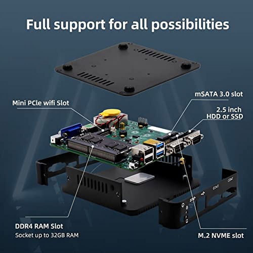 Mini PC Celeron J4125 Windows 11 pro, 32GB DDR4 RAM 512GB SSD, HD-MI, VGA, 4K Output, 2xRS232 COM, Dual Gigabit LAN, USB3.0, Dual Band WiFi, BT, Small Fanless Computer, Rugged Case, Auto Power On