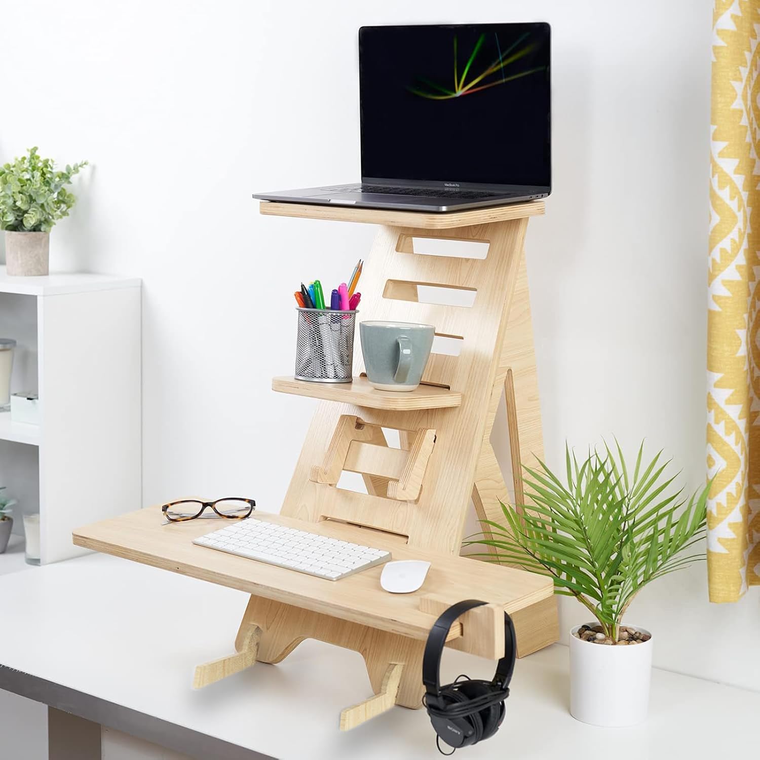 Wooden Standing Desk Converter - Adjustable Height Sit Stand Workstation for Office and Home, Table Top Wood Portable