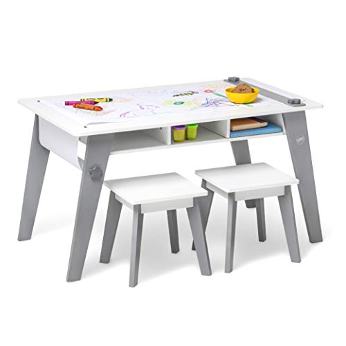 Wildkin Kids Arts and Crafts Table Set for Boys and Girls, Mid Century Modern Design, Includes Two Stools, Paper & Storage Cubbies Underneath Helps Keep Art Supplies Organized (Gray) , Grey
