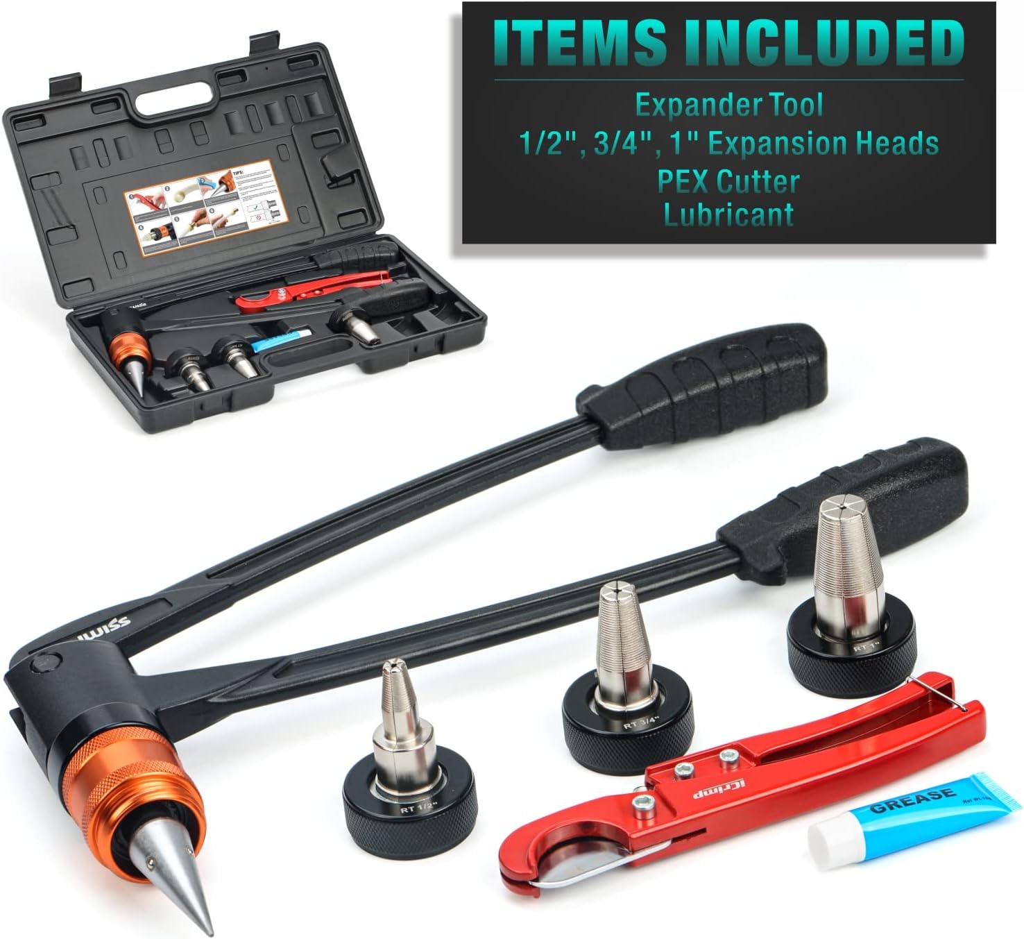 IWISS PEX-A Expander Tool Kit with Self-Rotary Expansion Heads 1/2,3/4 and 1-Inch,PEX Cutter included for Uponor ProPEX,Wirsbo