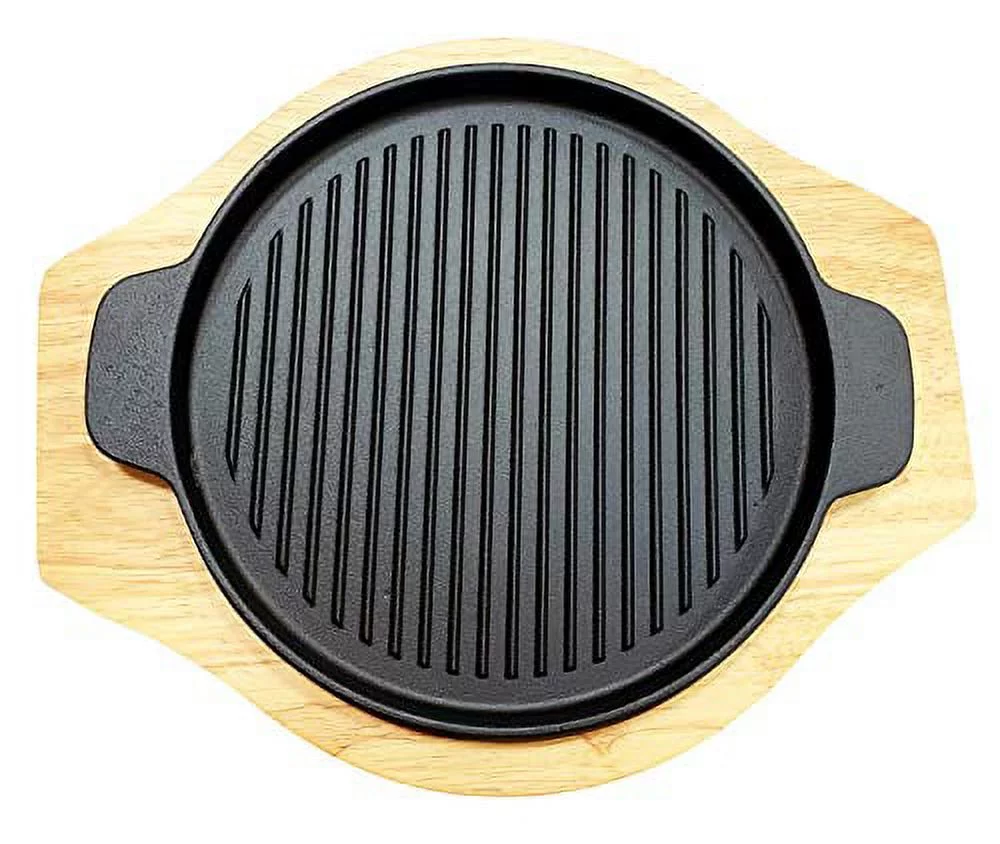 Round Grill Cast Iron Pan W/ Rubber Wood Underliner, for Steak, Meat, Fish (9.25