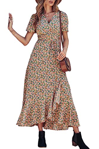 PRETTYGARDEN Women's Summer Wrap Maxi Dress Casual Boho Floral V Neck Short Sleeve Ruffle Hem Split Beach Long Dresses