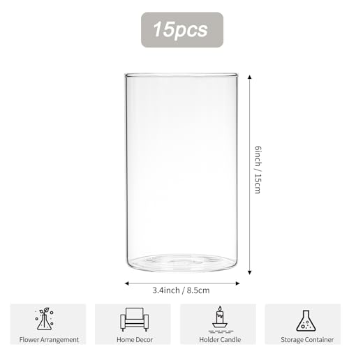 CEWOR 15pcs Glass Cylinder Vases Flower Vases 6 Inch Glass Candle Holder for Wedding Centerpieces Hurricane Floating Clear Vase for Home Decor Party