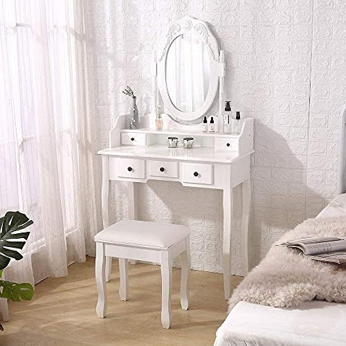 Vanity Mirror Table Set  Makeup Desk Vanity with Stool  Vintage Bedroom Vanity Lots  Dressing Table White for Women and Girls