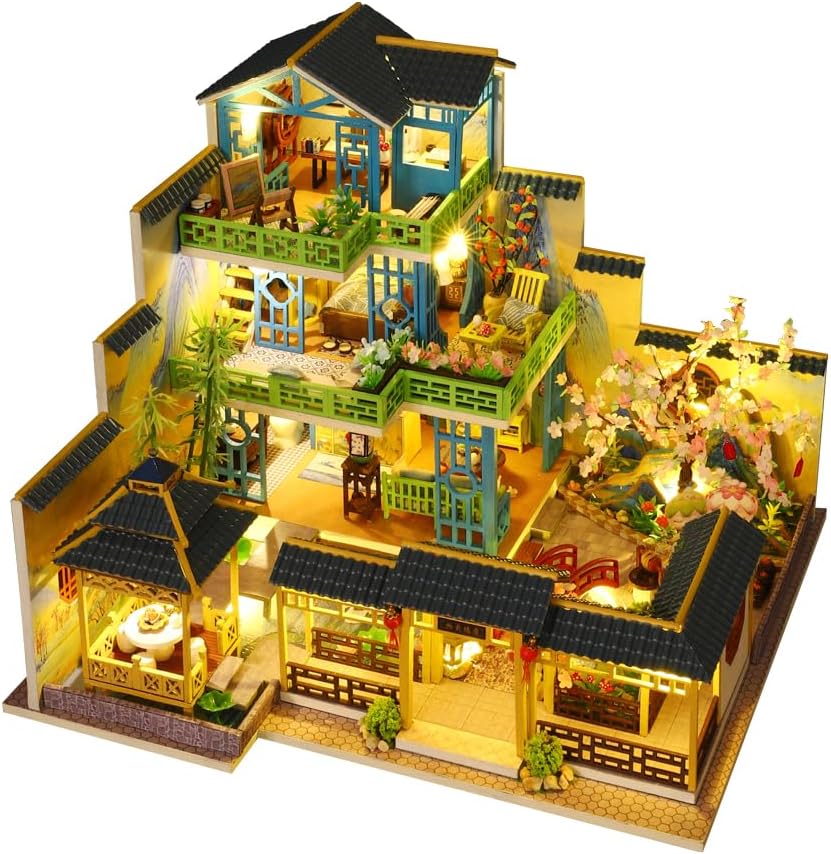 Miniature Chinese Style Three-Storey Villa Dolls House, Wooden Furniture, DIY Dollhouse Kit with LED Creative Room,Adult Teenager Children Gift