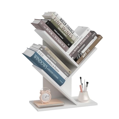 Tree Bookshelf, 3-Tier Book Storage Organizer Shelves Floor Standing Bookcase, Wood Storage Rack for Office Home School Shelf Display for Cd/Magazine（White）