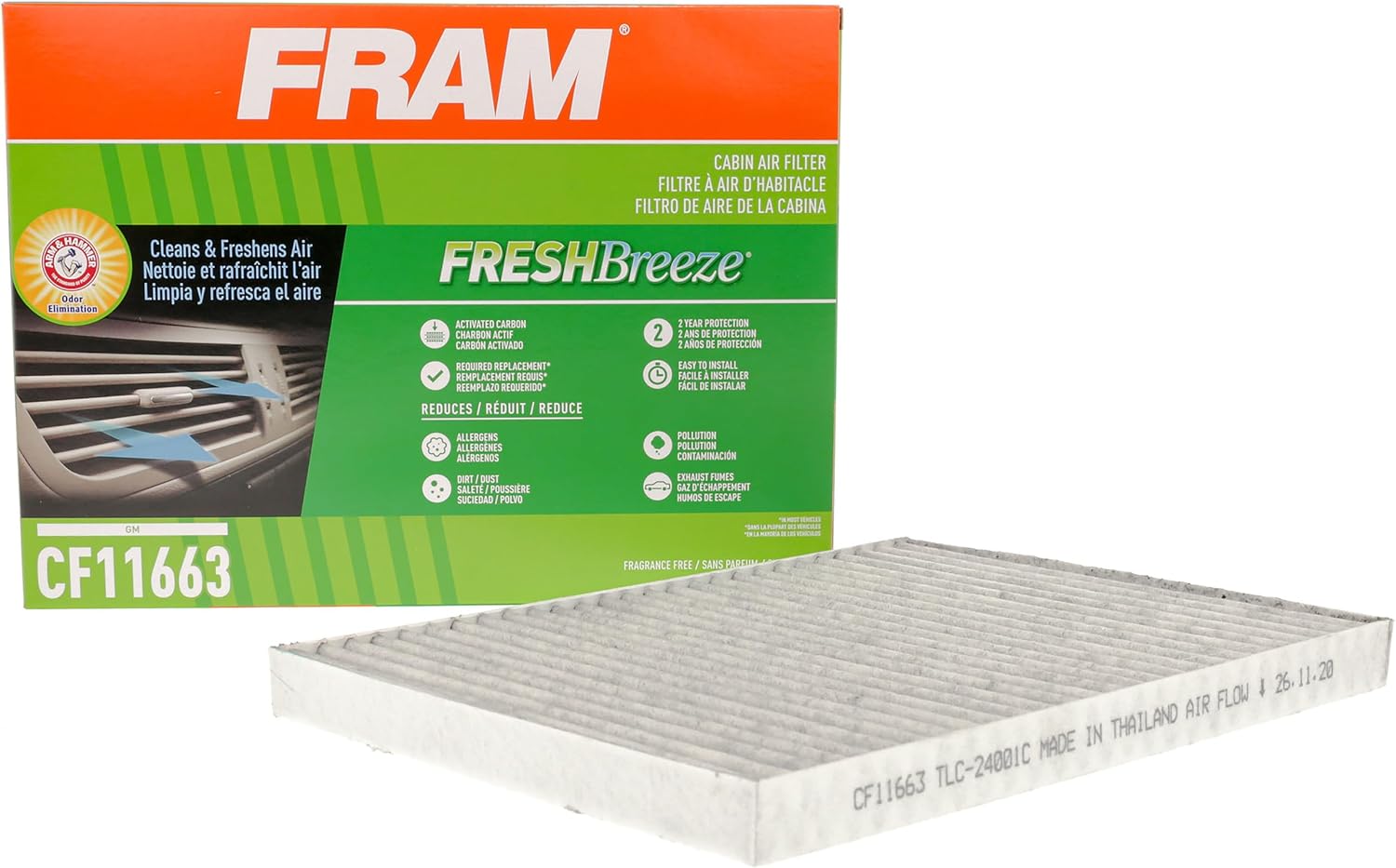 FRAM Fresh Breeze Cabin Air Filter with Arm & Hammer Baking Soda, CF11663 for Select Buick, Chevrolet, GMC and Saturn Vehicles, white