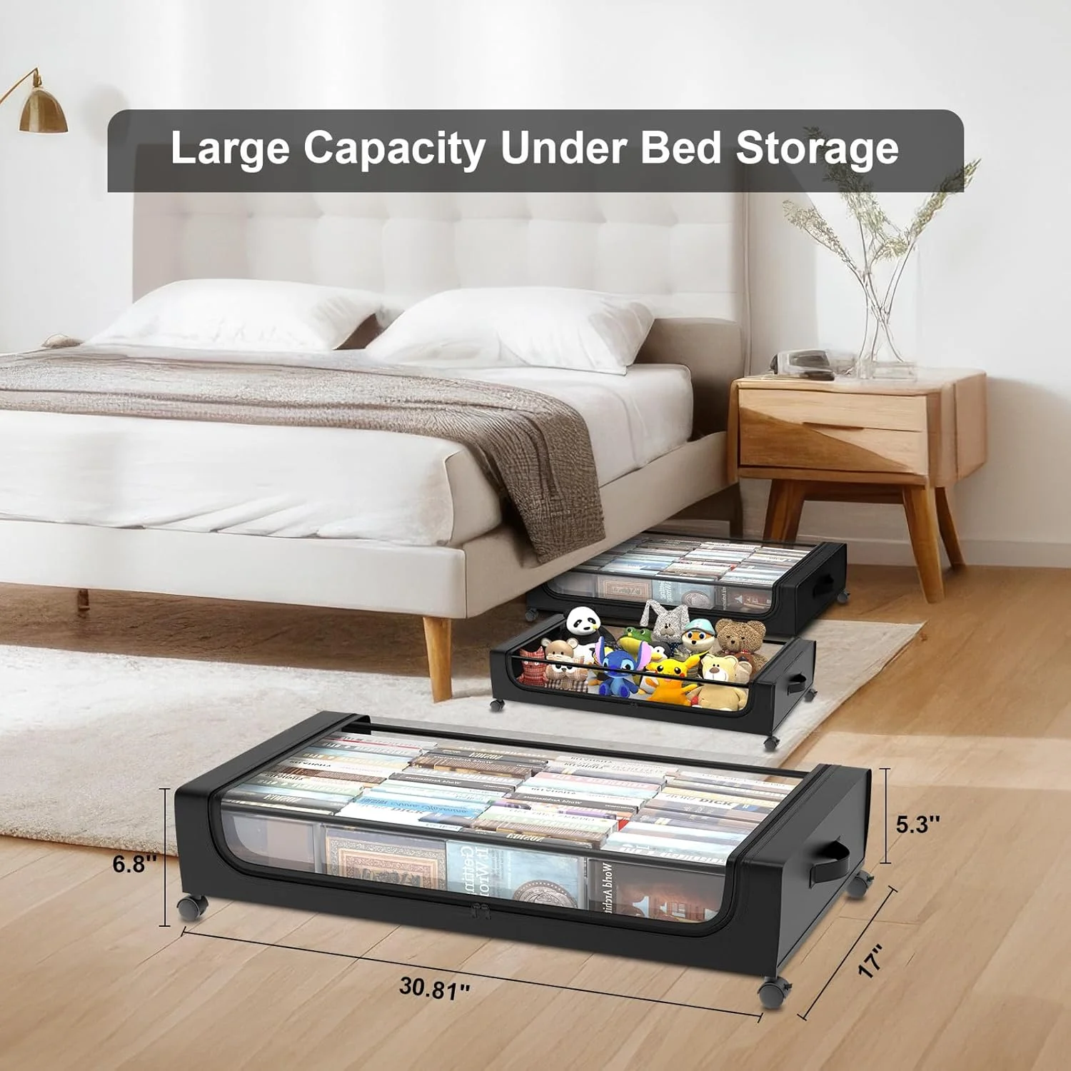 Under Bed Storage with Wheels 2 Pack, Under Bed Storage Containers, Large Under Bed Rolling Storage with Lid, Bedroom Storage Organizer for Clothes, Shoes,Toys, Books, Blankets BLACK