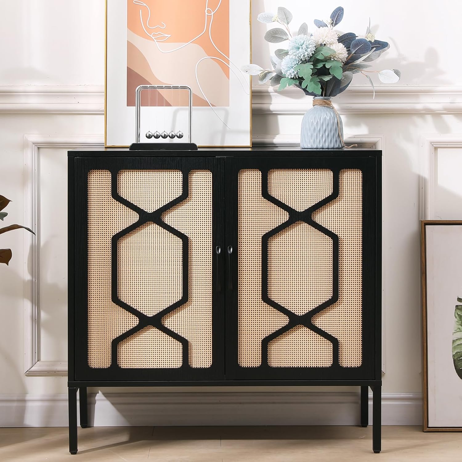 Rattan Buffet Sideboard Cabinet,Wood Kitchen Storage Sideboard Cabinet with Adjustable Shelf and 2 Rattan Doors,Cupboard Console Table for Bar,Dining Room,Hallway