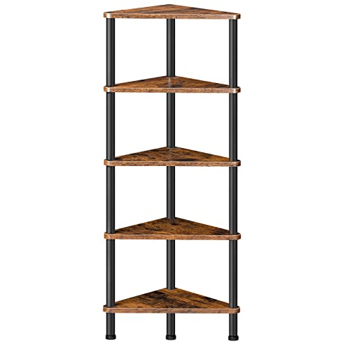 HOOBRO Corner Shelf, Industrial 5-Tier Wall Corner Bookshelf with Metal Frame, Corner Shelf Stand Display Plant Flower, Corner Bookcase for Small Spaces, Bedroom, Living Room, White and Gold DW33CJ01
