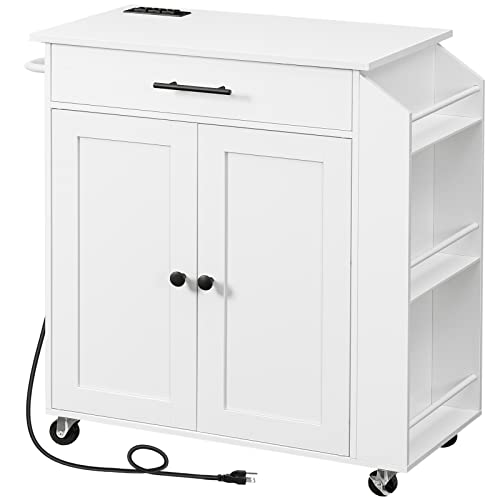 HOOBRO Kitchen Island with Power Outlet, Kitchen Storage Island with Spice Rack and Drawer, Rolling Kitchen on Wheels, for Home, Dining Room, Natural and White