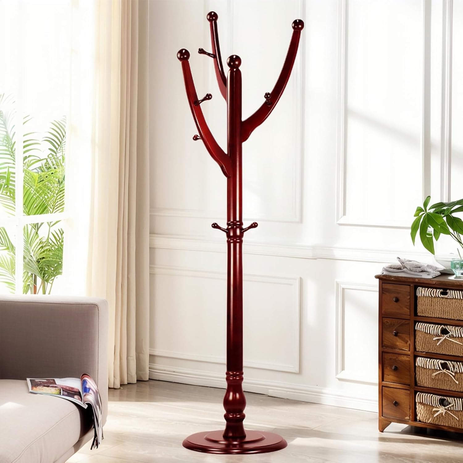 SEMIR Coat Rack Freestanding Wood Coat Rack Creative Tree Branch Design with 11 Hooks for Coat,Hat,Bag Stable Round Base Easy Assenbling Coat Tree Clothes Stand for Hallway, Entryway,and Bedroom