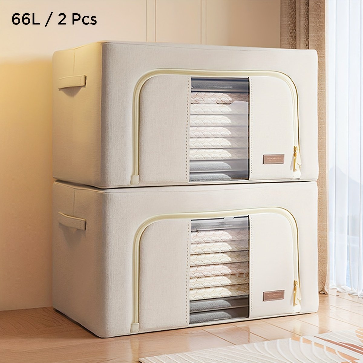 2-Pack Steel Frame Storage Bins with Clear Window, Foldable Stackable Fabric Organizers with Handles for Clothes, Linens & Under-Bed Storage