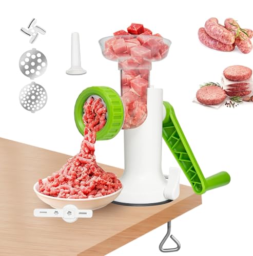 LHS Manual Meat Grinder, Heavy Duty Meat Mincer Sausage Stuffer, 3-in-1 Hand Grinder with Stainless Steel Blades for Meat, Sausage,