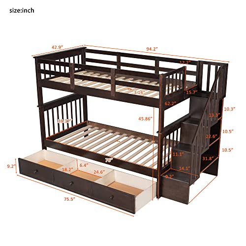 Harper & Bright Designs Twin Over Full Bunk Beds with Stairs and Storage Drawers Wood Bunk Bed Frame with Staircase for Kids Boys Girls Teens, White