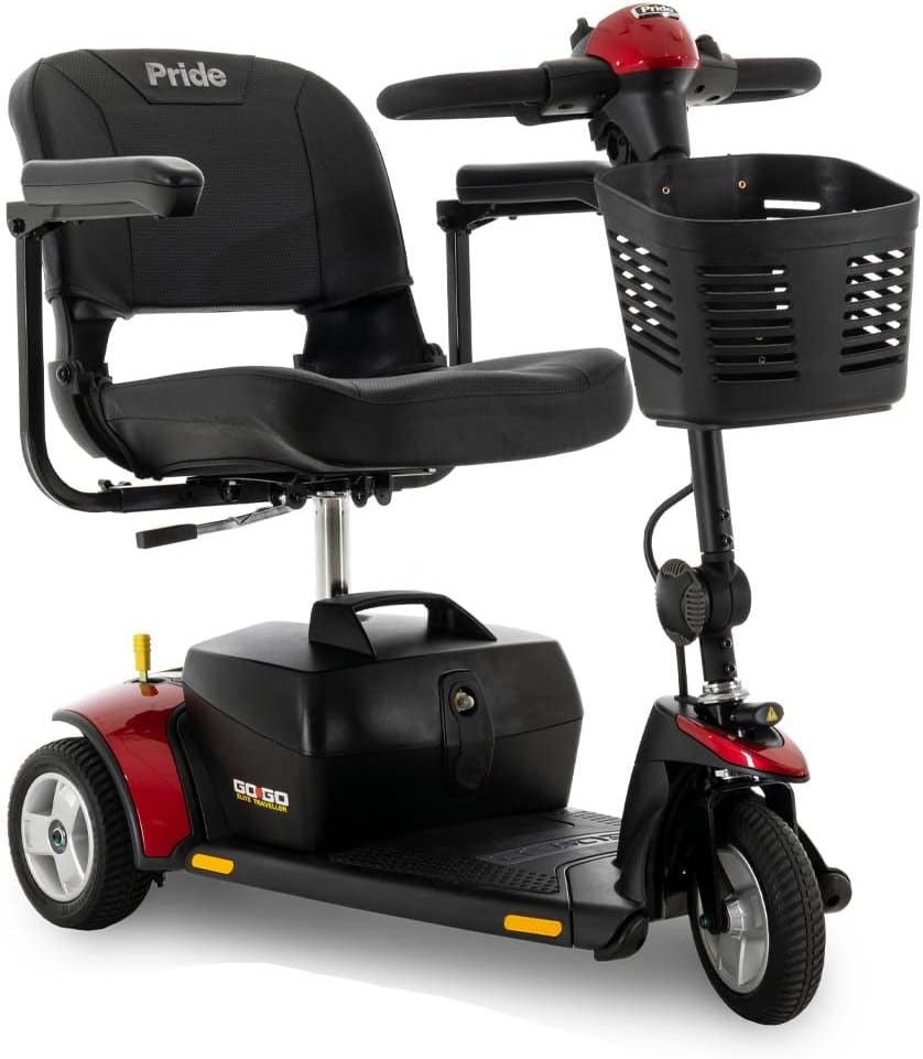 Pride Mobility Go-Go Elite Traveller 3-Wheel SC40E 18AH, Indoor & Outdoor Travel Electric Mobility Scooter w/Red & Blue Shroud Inserts for Adults, 300 lbs. WC, Up to 4 MPH, 10.5 Range Per Charge