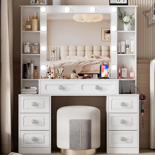 Farmhouse Makeup Vanity with Lighted Mirror & Charging Station, Vanity Desk Dresser Table with 3 Lighting Modes Brightness Adjustable,Drawers,Hair Dryer Stand for Bedroom,White(No Stool)