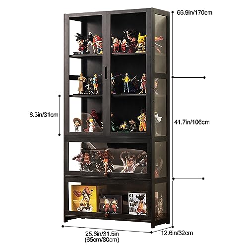 Display Cabinet 5-Shelf with Acrylic Door, Curio Cabinets Upgraded Cabinet Door Display Shelf Bamboo Storage Floor Standing Bookshelf for Bedroom, Living Room, Quick-Install Style 1-5-65cm