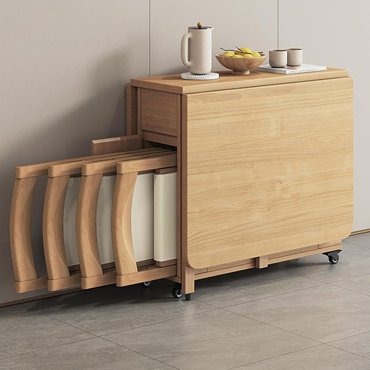 Folding Dining Table and Chairs, Solid Wood Drop Leaf Table Set, 1.4m Extendable Table with Chairs, Space Saving Foldable Table for Kitchen Living Room, Beige