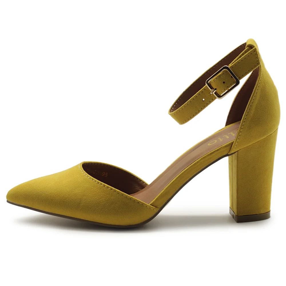 Ollio Women's Shoes Pointed Toe Ankle Straps Chunky Heels Pumps H95