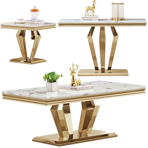 4 Piece Living Room Table Set, Faux Marble Coffee Table, Gold Console Table and 2 Gold End Tables, Rectangular Luxury Gold Coffee Table Set of 4 with Stainless Steel Diamond-Shaped Base