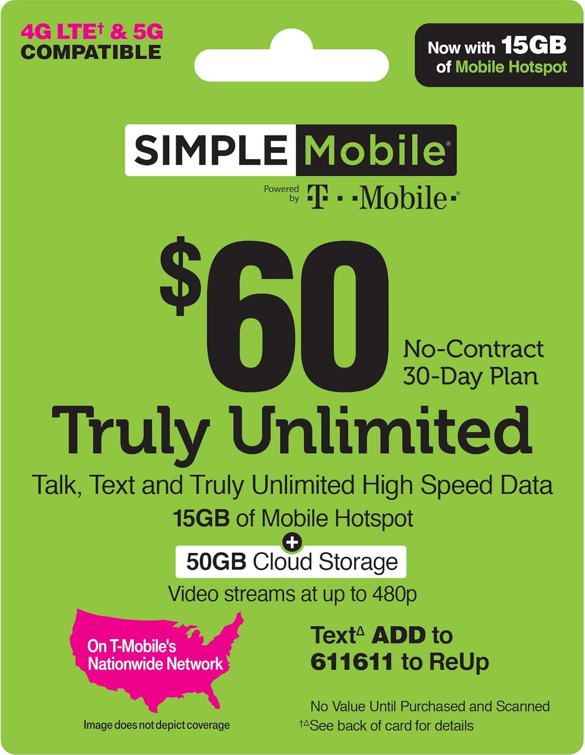 SIMPLE Mobile $60 Truly Unlimited Talk,Text,Data +ILD Plan [Physical Delivery]
