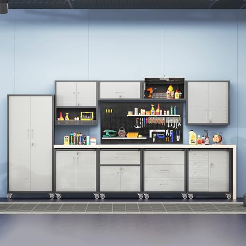 Garage Storage Cabinet Wall Cabinet with 2 Doors,Lockable Tool Cabinets Wall Mounted with Adjustale Shelves,Heavy Duty Steel Hanging Cabinets for Warehouse Kitchen Laundry,Assembly Required