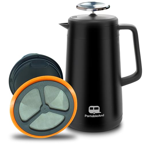 PortableAnd 34oz Double Vacuum Insulation Large Silicone French Press Coffee Maker with Silicone Ring, Stainless Steel, Perfect for Camping, Travel, and At-Home Use (Matte Black)