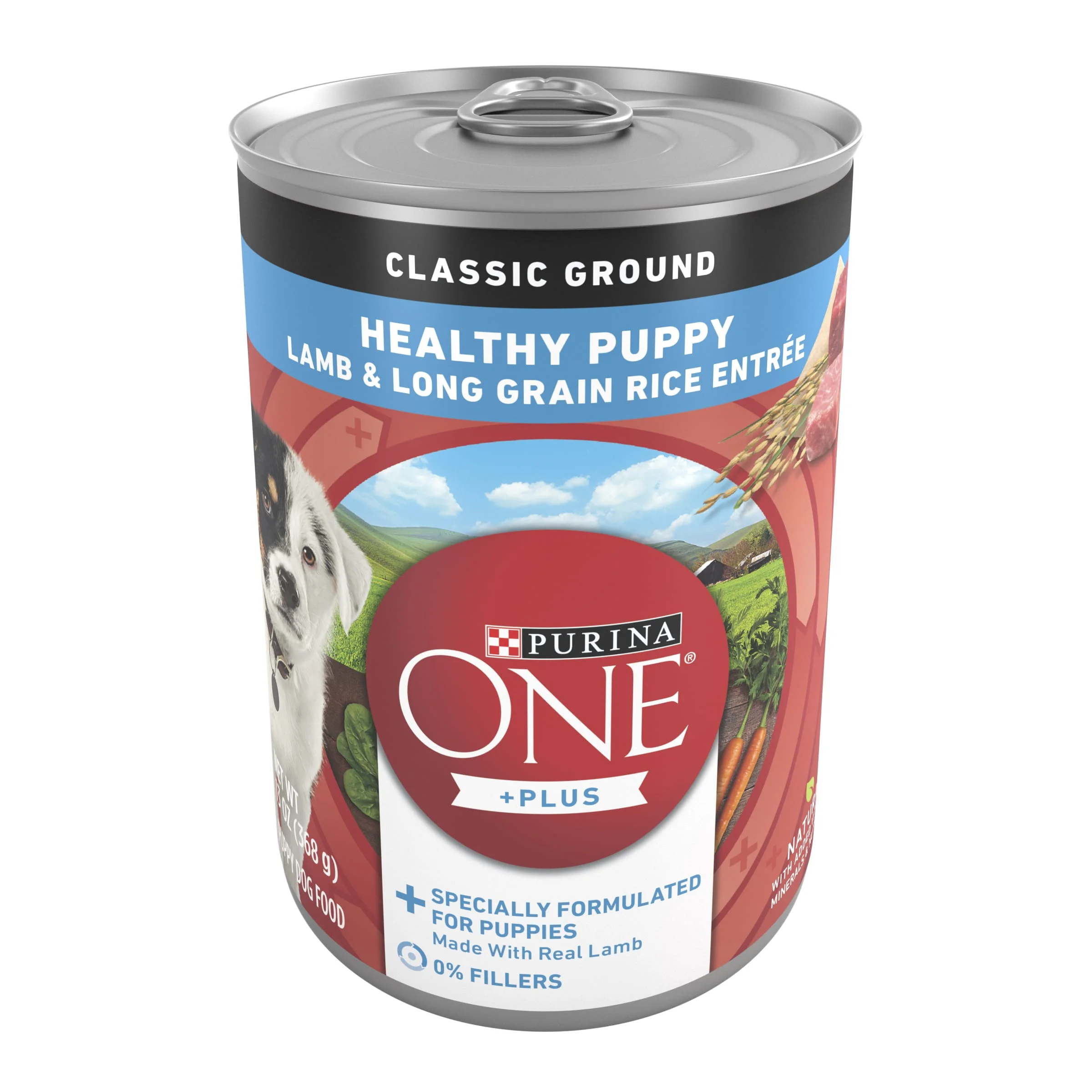 Purina One +Plus Classic Ground Wet Helthy Puppy Dog Food, Soft Lamb Long Grain Rice, 13 oz Cans (12 Pack)