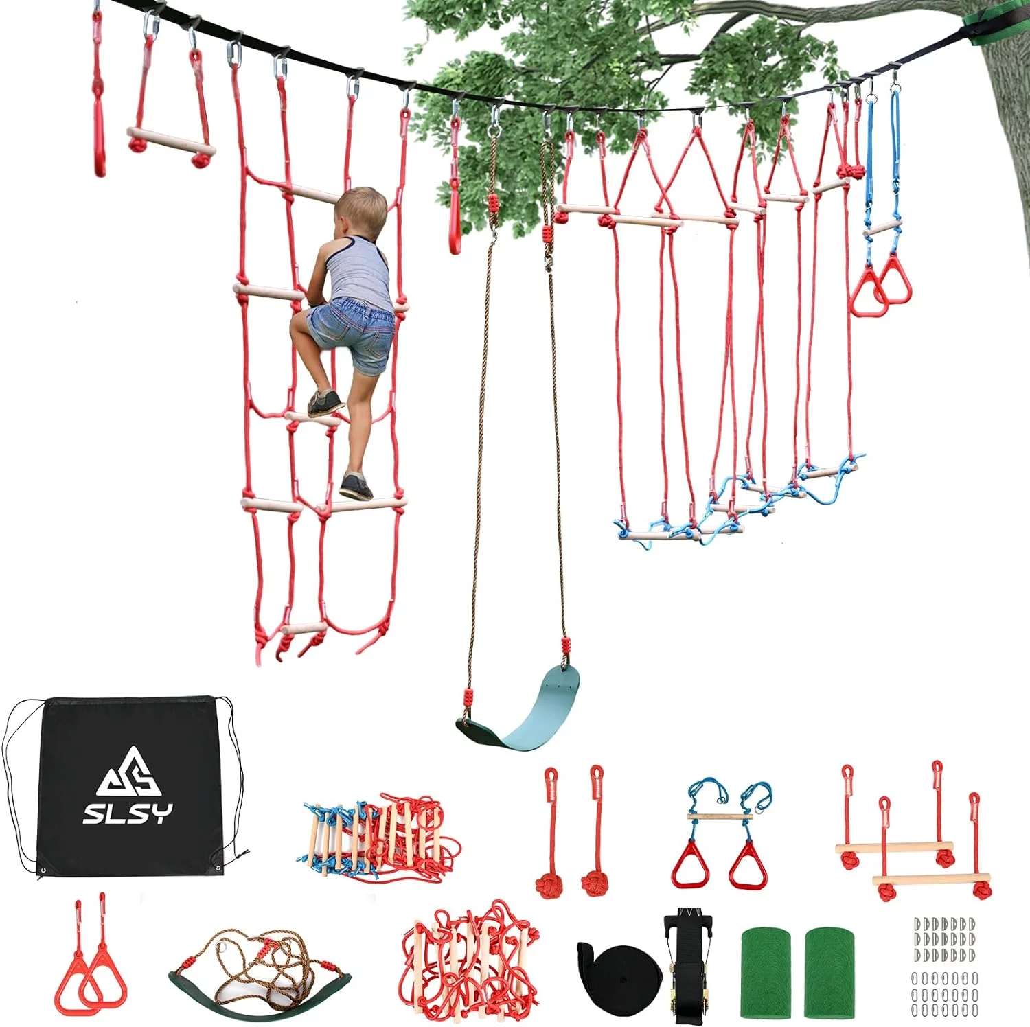 ABORON Ninja Warrior Obstacle Course for Kids, 60FT Durable Ninja Slackline Kit with10 Obstacles & Bag, Durable Playset Equipment with Monkey Bar,Trapeze Swing,Climbing,Ladder