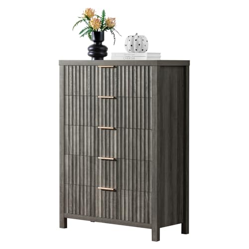 5 Drawers Dresser, 44 Inches Tall Modern Dresser for Bedroom, Curved Profile Design Chest of Drawers, Wood Drawer Organizer for Living Room, Hallway, Entryway (Grey Oak, 2 Pieces)