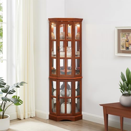 Corner Curio Display Cabinet with 5 Shelves and Lighting System, Wooden Accent China Cabinet with Tempered Glass Doors for Living Room, Bar and Liquor Storage Area (Oak)
