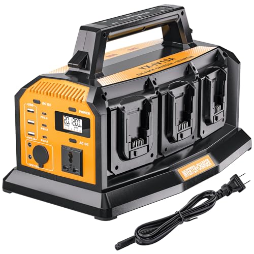 2-in-1 Portable Inverter Charger, 1200W Pure Sine Wave Inverter & 6A Rapid Charger for DeWalt 20V Battery, 6-Port DC to AC 120V Converter, 3 USB-A + 3 USB-C, 300lm LED Light for RV Camp Off-Grid