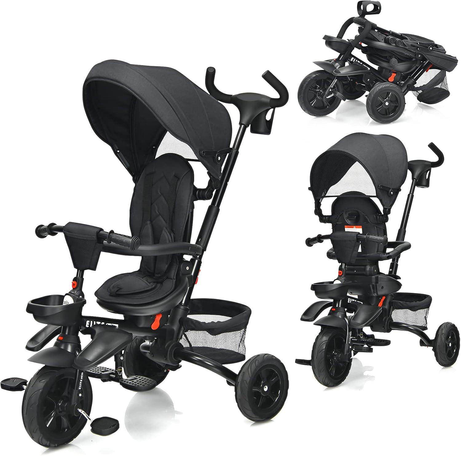 BABY JOY Baby Tricycle, 7-in-1 Kids Folding Steer Stroller w/ Rotatable Seat, Adjustable Push Handle & Canopy, Safety Harness, Cup Holder, Storage Bag, Toddler Tricycle Trike for 1-5 Year Old, Gray