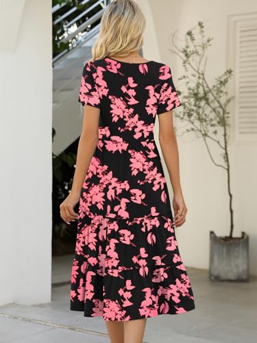 Lyrur Women's Dresses Casual Summer Tiered Midi Dress Short Sleeve Belted Ruffle Babydoll Boho Sundress with Pockets