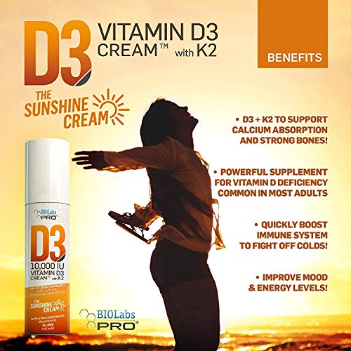 BIOLABS PRO All Natural Vitamin D3 10000IU Vitamin D Cream - Maximum Strength - Fight Vitamin D Deficiency Naturally - with Vitamin K2 & Olive Leaf Extract - Safe & Effective (10,000IU - 3.0oz)