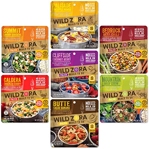 Wild Zora Paleo Freeze Dried Meals for Backpacking & Camping - Healthy Gluten Free & Grain Free Camping Meals/Backpacking Food + No Added Sugar - Includes Breakfast & Dinner Options (Variety 7-pack)