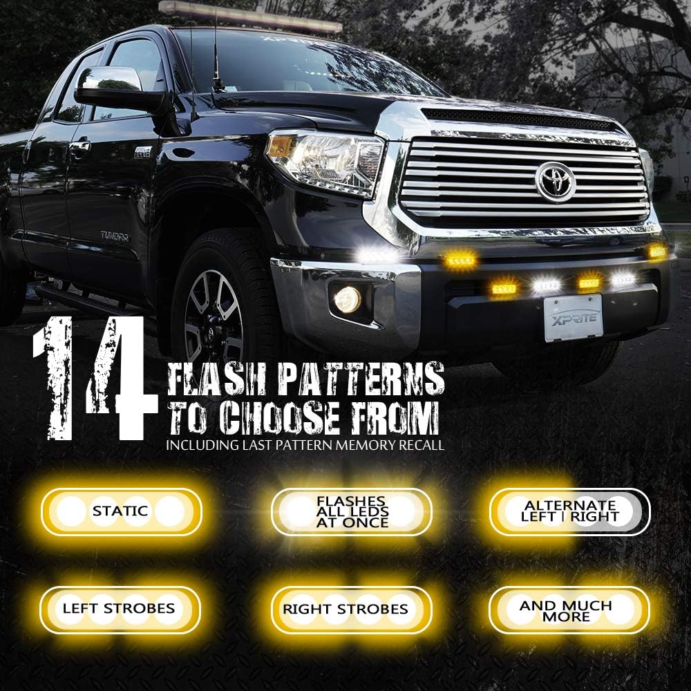 Xprite Amber Yellow & Green 4 LED 4 Watt Emergency Vehicle Waterproof Surface Mount Deck Dash Grille Strobe Light Warning Police Light Head with Clear Lens - 8 Pack Pack of 2