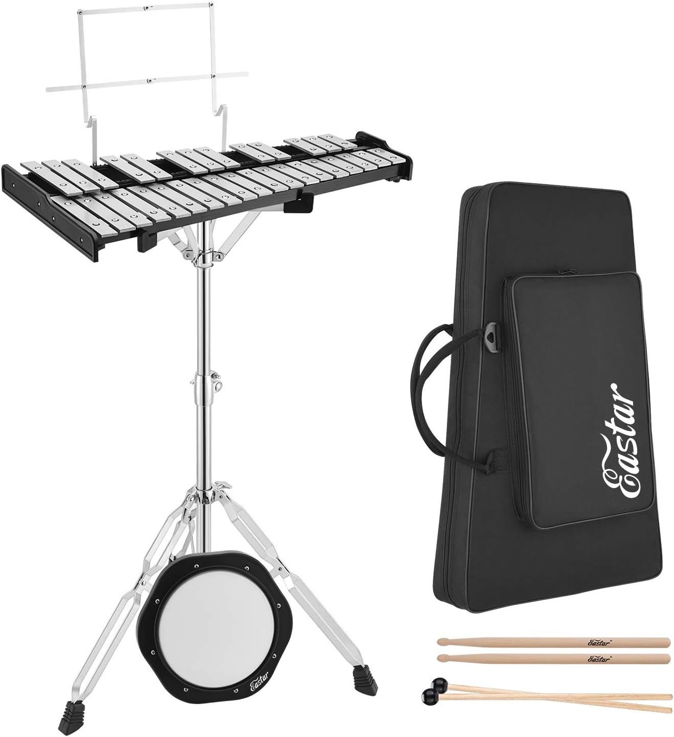 Eastar Advanced 32 Note Glockenspiel Xylophone Bell Kit Percussion Kit for Adult with 8 Inch Drum Practice Pad, Stand, Glockenspiel Stick, Drum Sticks and Carrying Bag