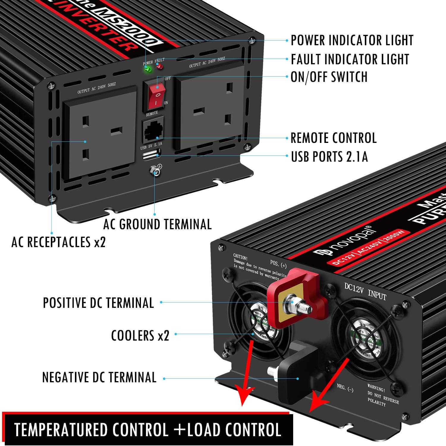 Novopal Power Inverter Pure Sine Wave-2000 Watt / 4000 Watt 24V DC to 110V/120V AC Converter- 4 AC Outlets Car Inverter with16.4 Feet Remote Control
