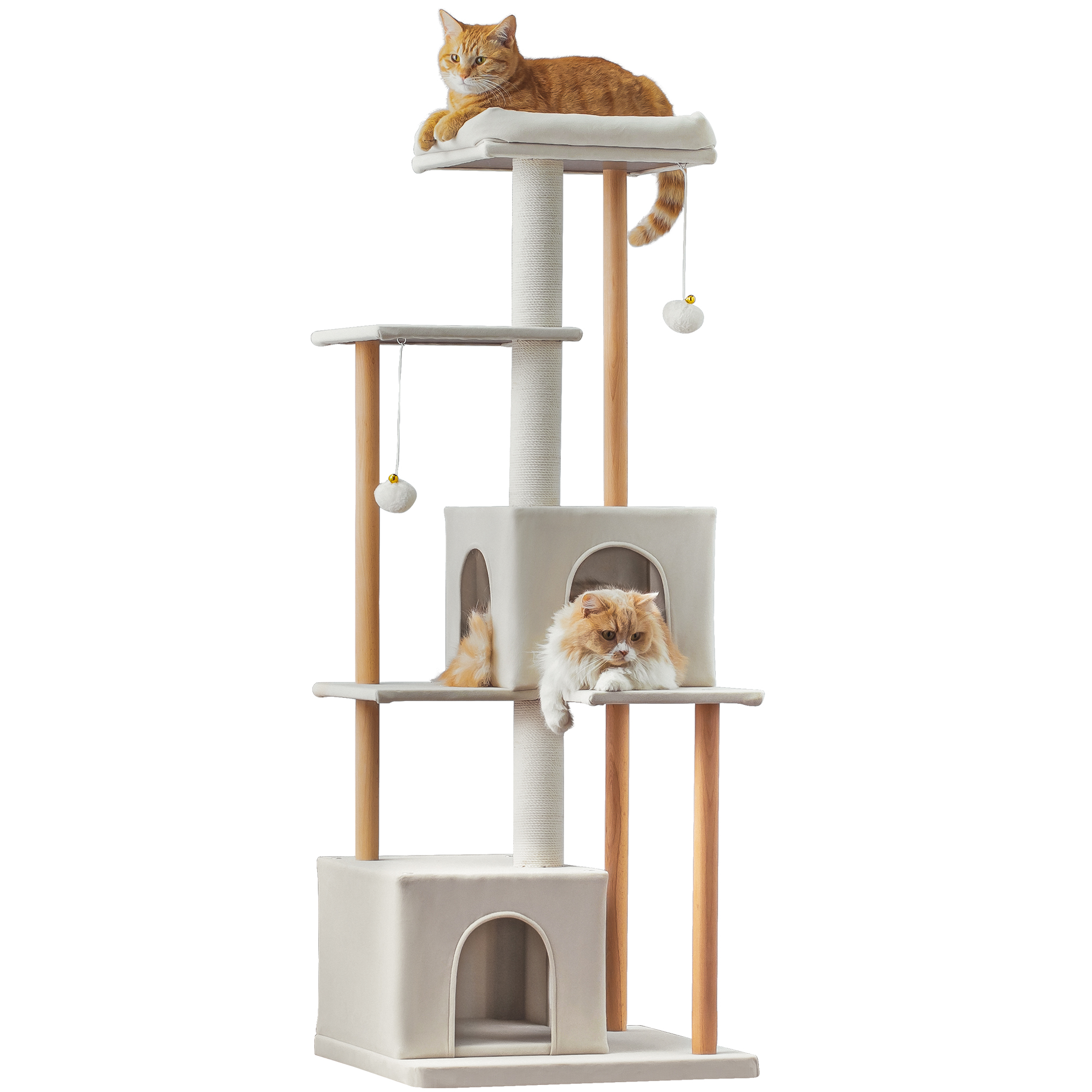 MWPO Modern Cat Tree Multi-Level Wood Cat Tower with 2 Condos and Perch, Beige
