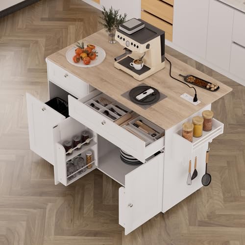 Kitchen Island on Wheels with Storage and Power Outlet, Kitchen Island with Trash Can Storage Cabinet and Drop Leaf, with Spice Rack & Towel Rack, Rolling Island Cart for Kitchens (Black)