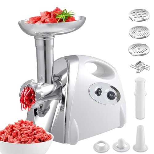 Electric Meat Grinder, Heavy Duty Meat Grinders 2800W, Stainless Sausage Maker Meat Mincer Machine with Blade, 3 Plates, Sausage Stuffer Tube and Kubbe Kit for Home Kitchen Use (Handle-White)