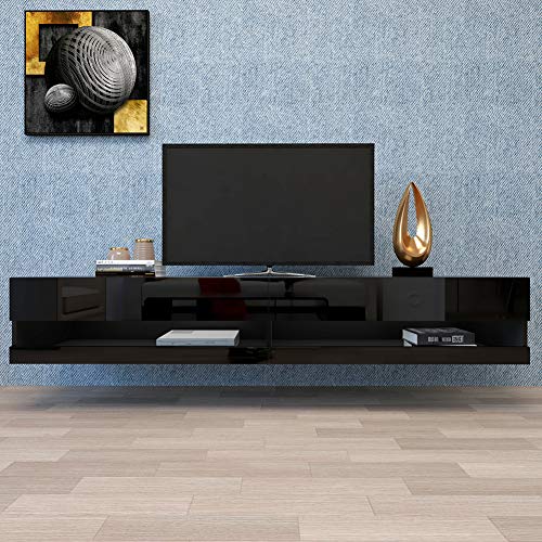180 Wall Mounted Floating Media Consoles Hanging TV Console for 80 inch TVs Entertainment Center with 20 Color LEDs, W 70.9 inch x D 16.5 inch x H 11.8 inch, Black