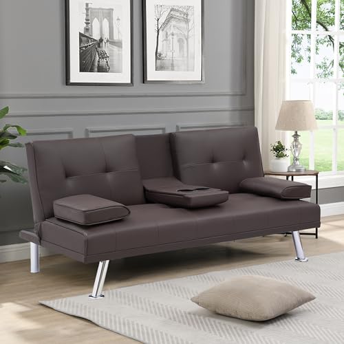 Multifunctional Double Folding Sofa Bed with 2 Cup Holders,Leather Couch Loveseat Sleeper with Removable Armrests,Convertible Folding Couches Bed for Office Small Spaces (Brown)