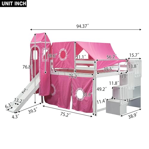 House Full Loft Bed with Slide,Storage Stairs and Tent, Wood Kids Loft Bunk Bed with Tower and Ladders, Playhouse Full Bed Frame for Kids, Teens, Boys & Girls (Full, Dark Blue)